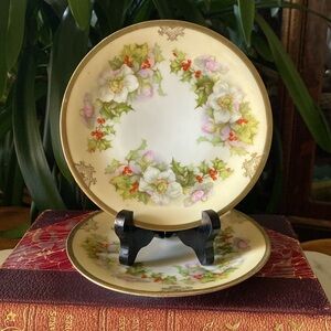 Antique Pair of Prussia Beyer & Bock Hand Painted Holly + Gold Christmas Plates